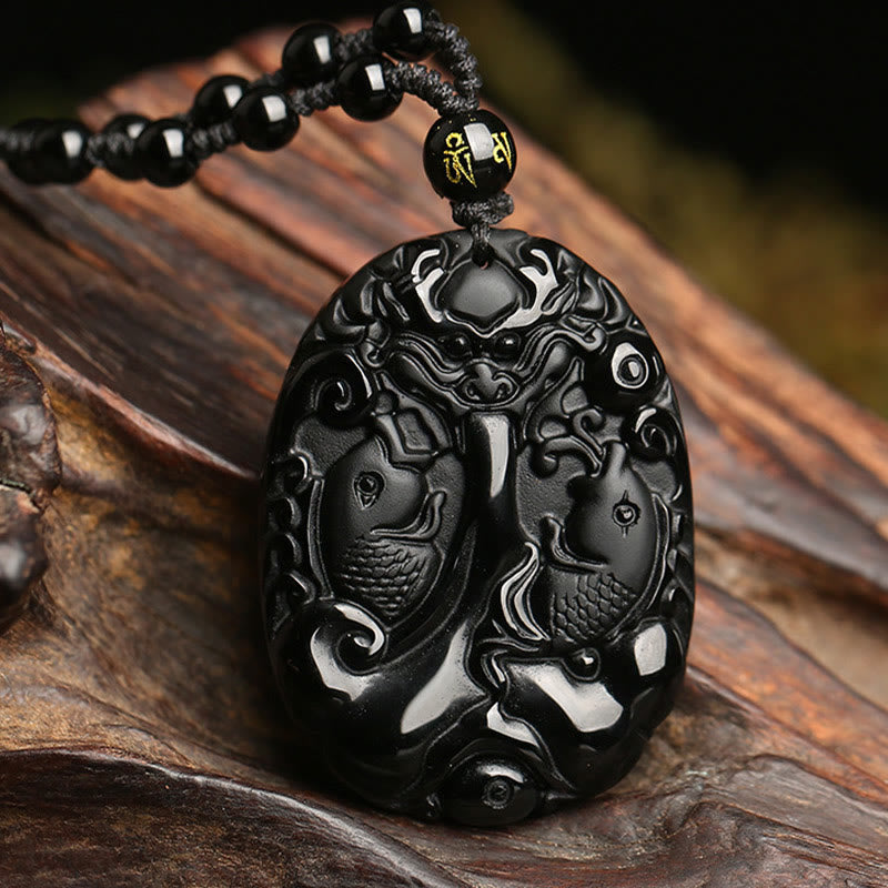Black Obsidian Koi Fish Bead Rope Necklace – full front view on white background, adjustable rope cord