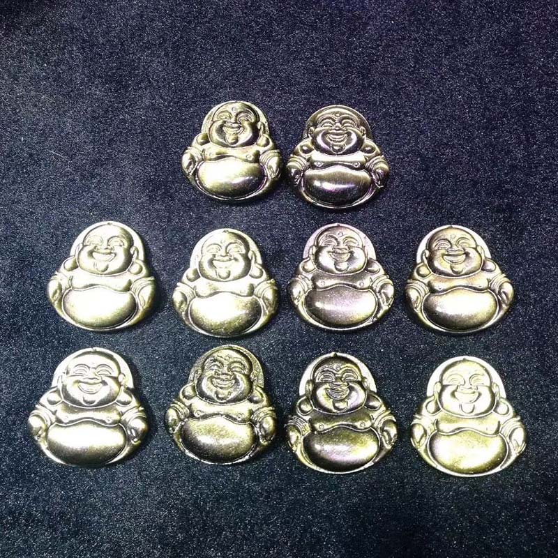 Gold Sheen Obsidian Laughing Buddha Pendant – multiple pendants arranged in rows showing collection, group