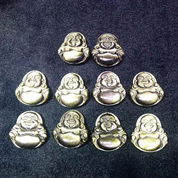 Gold Sheen Obsidian Laughing Buddha Pendant – multiple pendants arranged in rows showing collection, group