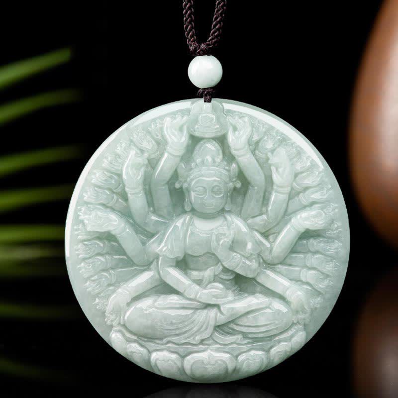 Thousand-Hand Kwan Yin Jade Necklace – front view showing golden deity detail, wealth serenity decor