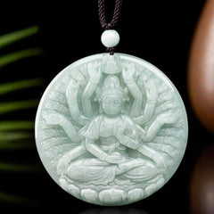 Thousand-Hand Kwan Yin Jade Necklace – front view showing golden deity detail, wealth serenity decor