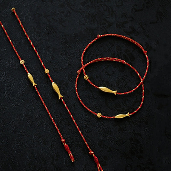 14K Gold Plated Koi Braided Bracelet – full length bracelet with gold koi and beaded accents, red braided cord