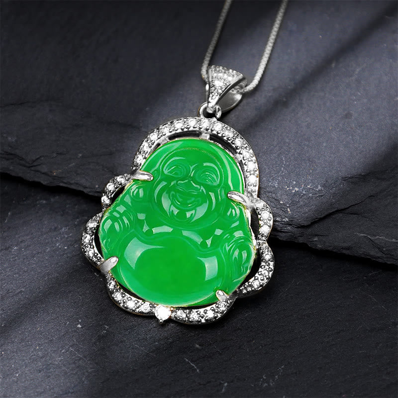 Jade Laughing Buddha Luck Necklace – green jade Buddha on dark stone with silver crystal frame, closeup, elegance