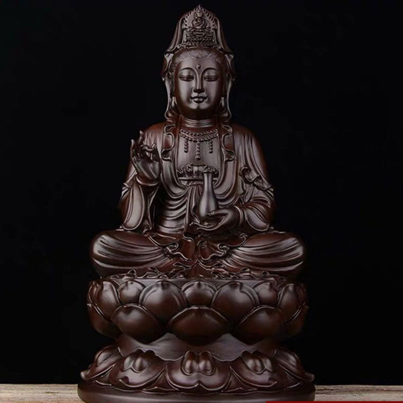 Ebony Avalokitesvara Lotus Decoration – Seated Guanyin on lotus throne with vase, polished dark wood statue