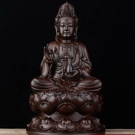 Ebony Avalokitesvara Lotus Decoration – Seated Guanyin on lotus throne with vase, polished dark wood statue