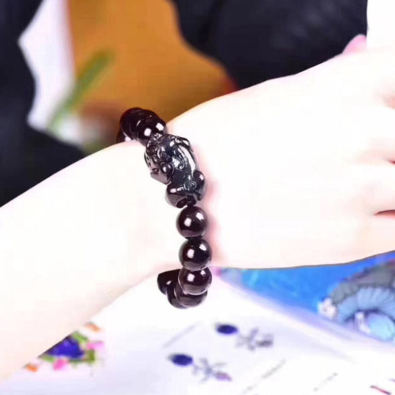 Feng Shui Rainbow Obsidian Bracelet – obsidian Pixiu on wrist glossy beads, unisex fashion wear