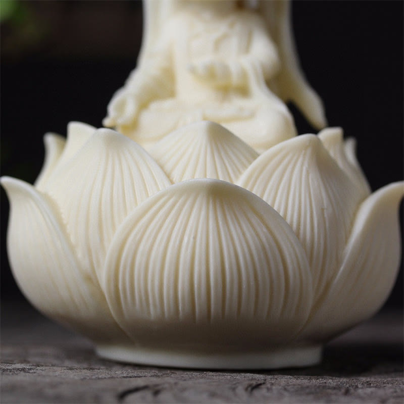 Kwan Yin Ivory Fruit Lotus Decoration - carved ivory lotus base with petal veining detail, Artisan