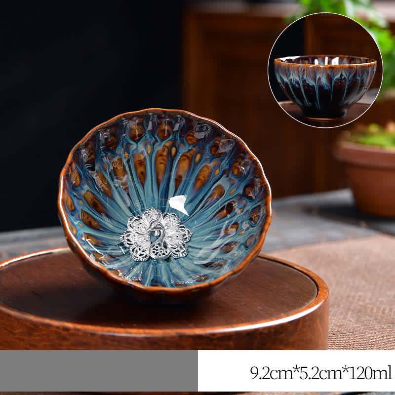 Lotus Peacock Dragon Phoenix Koi Fish Ceramic Teacup – ceramic texture and glaze shine close-up, gloss finish