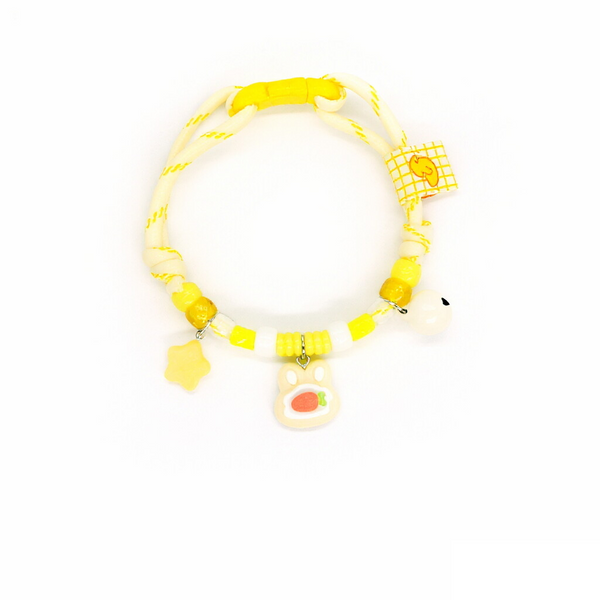 Adjustable Pet Collar – Yellow-white rope with paw print, star & white pom-pom bell, cute collar