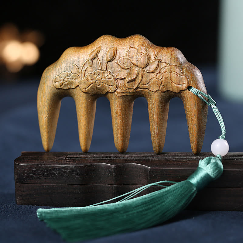 Green Sandalwood Koi & Lotus Tassel Comb, image 16