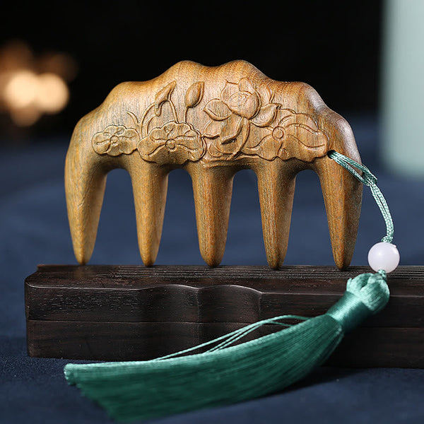 Green Sandalwood Koi & Lotus Tassel Comb, image 16