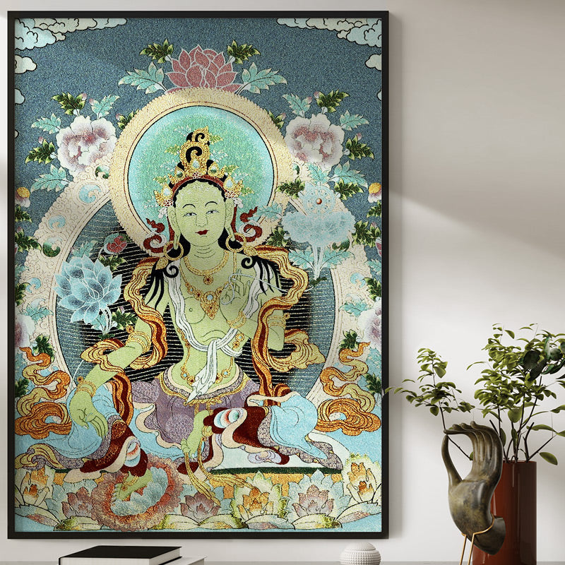 Tibetan Embroidery White Tara Thangka Tapestry – close-up crown and silk scarves, gold embroidery, divine craft