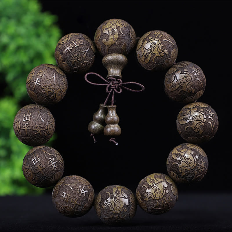 Chinese Zodiac Rosewood Ebony PiXiu Set – green sandalwood buddha words bracelet, sacred carved wooden bead mala