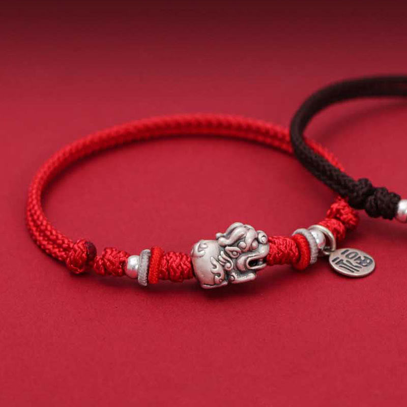 925 Silver PiXiu Fu Bracelet – Red and black cord versions with silver PiXiu on red background