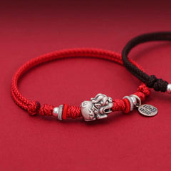 925 Silver PiXiu Fu Bracelet – Red and black cord versions with silver PiXiu on red background