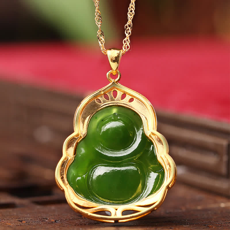925 Silver Hetian Cyan Jade Laughing Buddha 18K Gold Necklace – pale green-blue hue fingers, natural Hetian jade