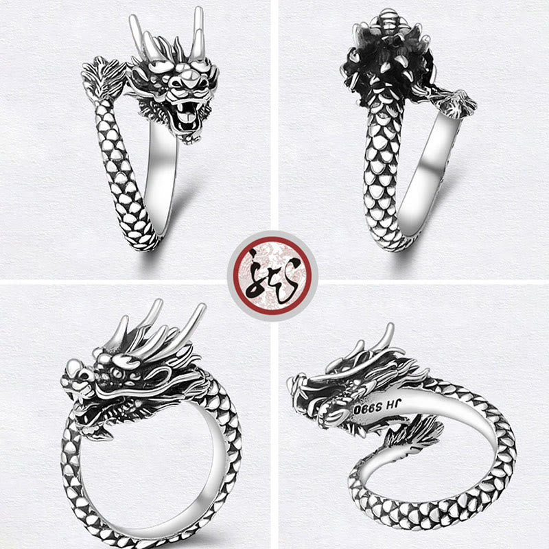 Sterling Silver Dragon Ring - four-angle grid on white, S990 JH engraving, dragon logo center, authentic