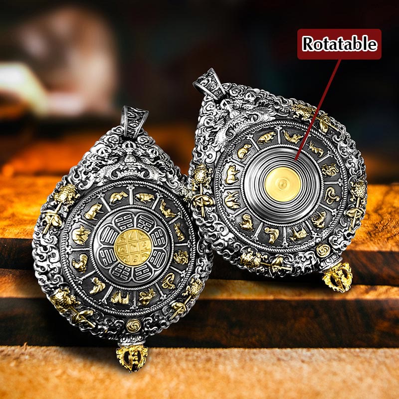 Zodiac Buddha Thangka Wealth Rotatable Pendant – rotatable back showing zodiac animals and Bagua symbols, dual view
