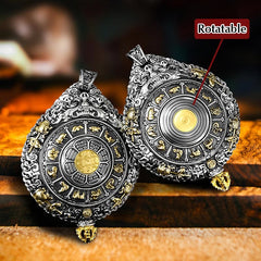 Zodiac Buddha Thangka Wealth Rotatable Pendant – rotatable back showing zodiac animals and Bagua symbols, dual view