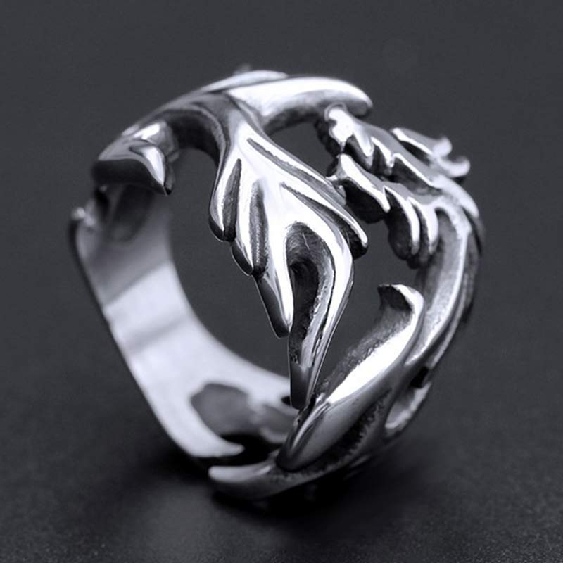 Dragon Pattern Protection Ring – flame-cut openwork band, Edgy