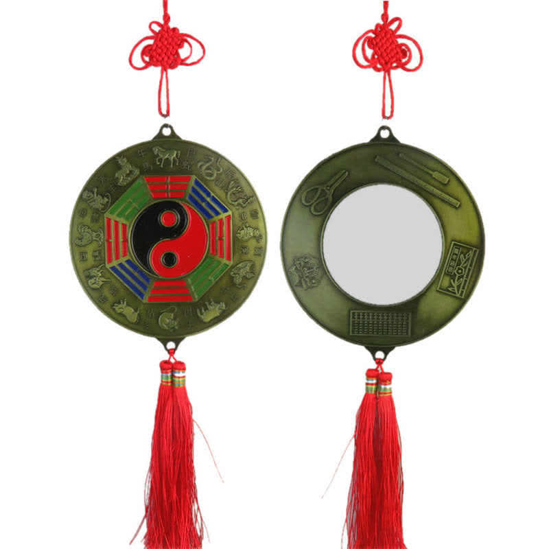 Feng Shui Bagua Map Mirror - Traditional bagua mirror with yin-yang, trigrams, zodiac animals, red tassel and Chinese knot, .