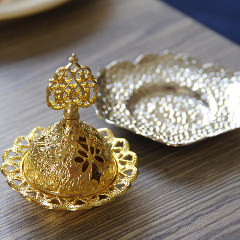 Gold Leaf Coaster Incense Burner two-piece set on wooden surface, domed lid with base plate, alloy incense holder