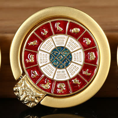 Om Mani Padme Hum Phone Ring Holder – Gold zodiac medallion with bagua trigrams and dragon accent, feng shui
