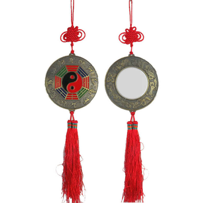 Feng Shui Bagua Map Mirror - Bagua mirror amulet with yin-yang, trigrams, zodiac animals, red tassel and Chinese knot, bronz.