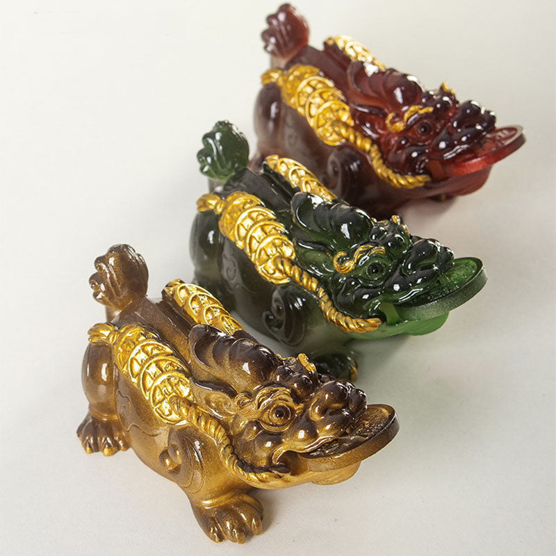PiXiu Coin Tea Pet – Three PiXiu in dark green, brown and gold on white, variety collection