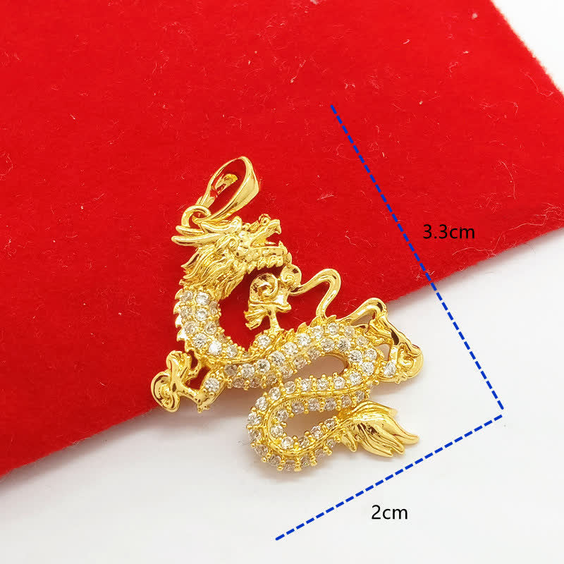 Gold Dragon Protection Necklace – Dragon pendant with 3.3cm dimensions on red velvet, detailed specs, Confidence