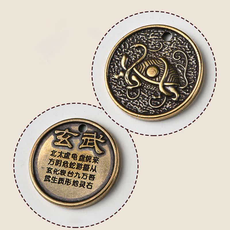 Four Symbols Constellation Key Chain - Xuanwu tortoise snake coin with Chinese calligraphy inscription, Enduring
