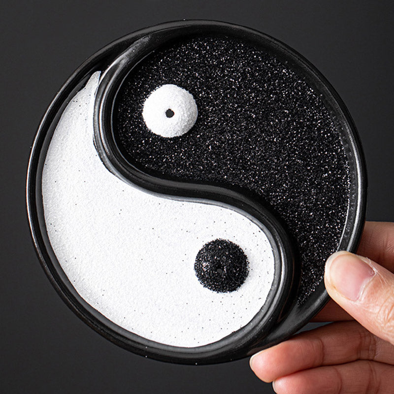 Yin Yang Incense Holder – Palm-sized ceramic dish held in hand, sand-filled chambers, Grounding