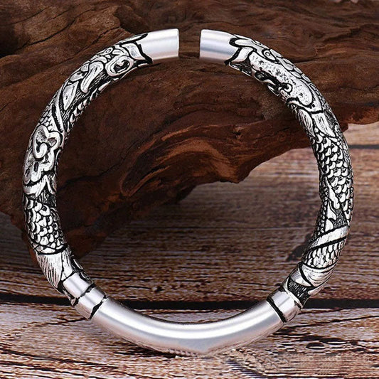 Dragon Auspicious Clouds Bangle – dual dragon head cuff on driftwood, Adjustable Fit