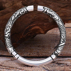 Dragon Auspicious Clouds Bangle – dual dragon head cuff on driftwood, Adjustable Fit