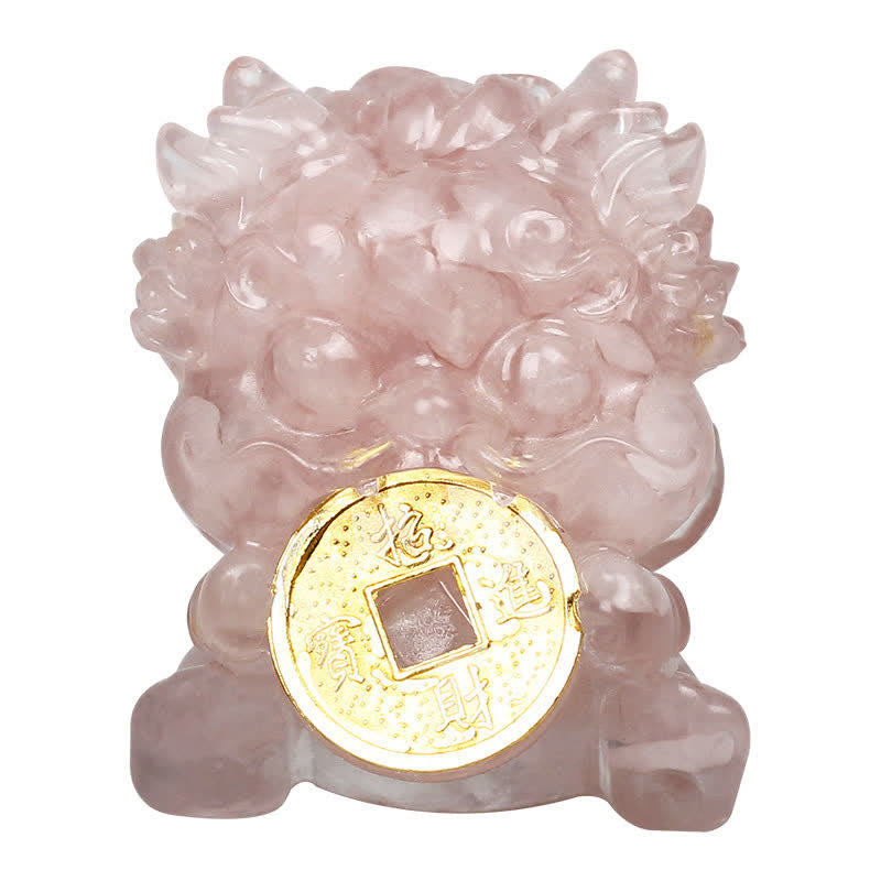Handmade PiXiu Crystal – Rose quartz close-up front view on white, feng shui ornament