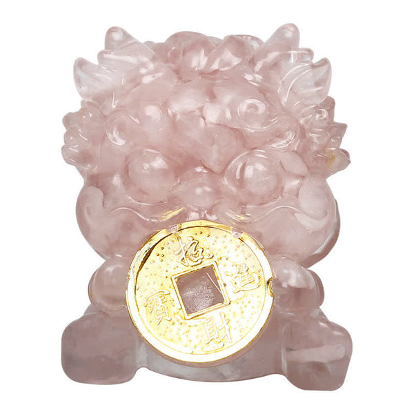 Handmade PiXiu Crystal – Rose quartz close-up front view on white, feng shui ornament