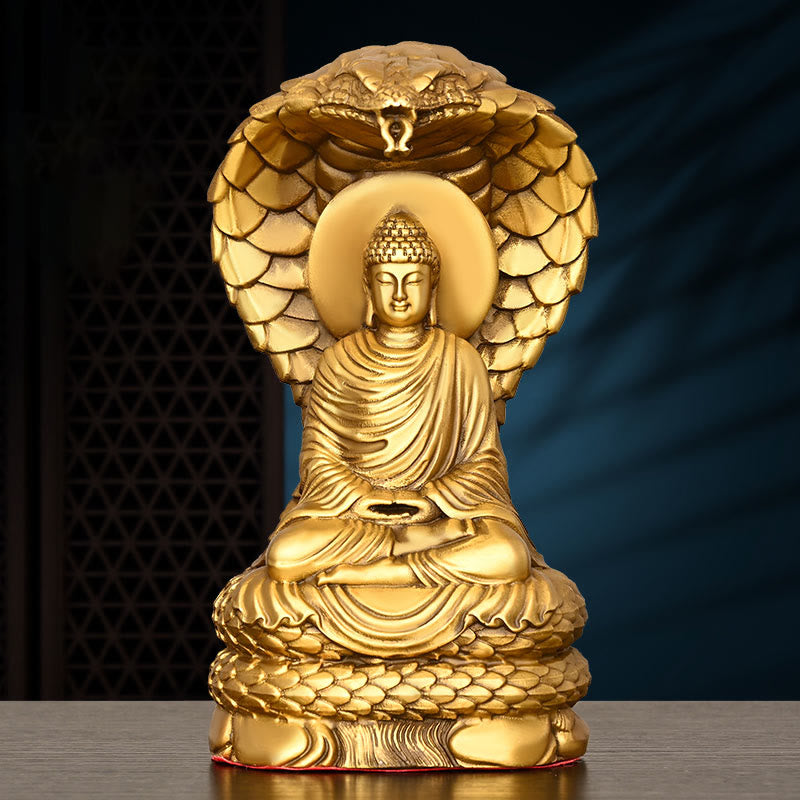 Buddha Shakyamuni Snake Copper Statue Home Offering Decor – front view Naga shelter, serpent protection art