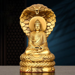 Buddha Shakyamuni Snake Copper Statue Home Offering Decor – front view Naga shelter, serpent protection art