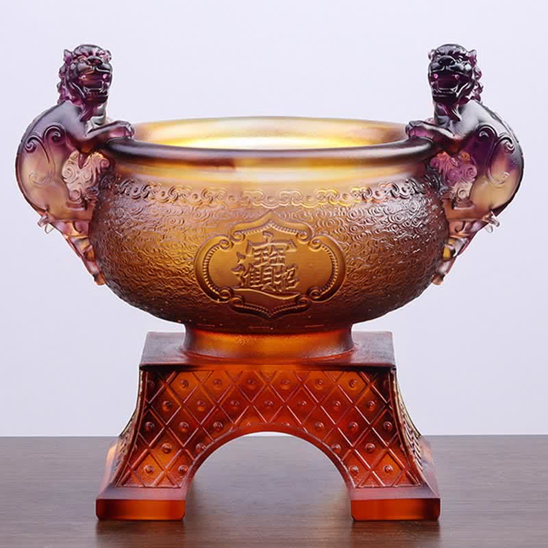 Liuli Crystal PiXiu Bowl – Purple-amber liuli treasure bowl with dark PiXiu handles on table