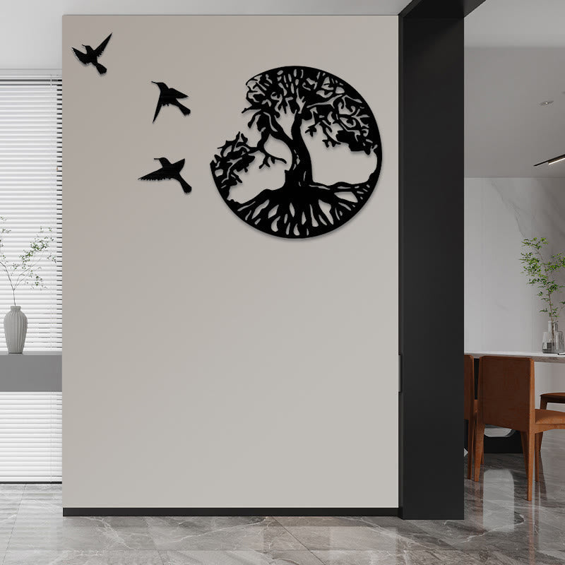Tree of Life Birds Wall Art - black metal tree with three birds on white wall near window and dining area