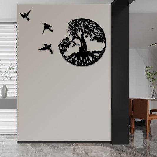 Tree of Life Birds Wall Art - black metal tree with three birds on white wall near window and dining area
