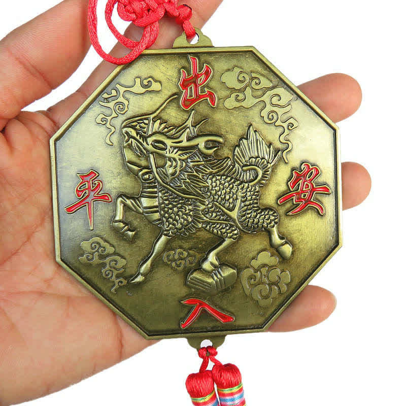 Feng Shui Bagua Map Mirror - Chinese qilin amulet with red blessing characters, antique brass octagonal pendant with red tas.