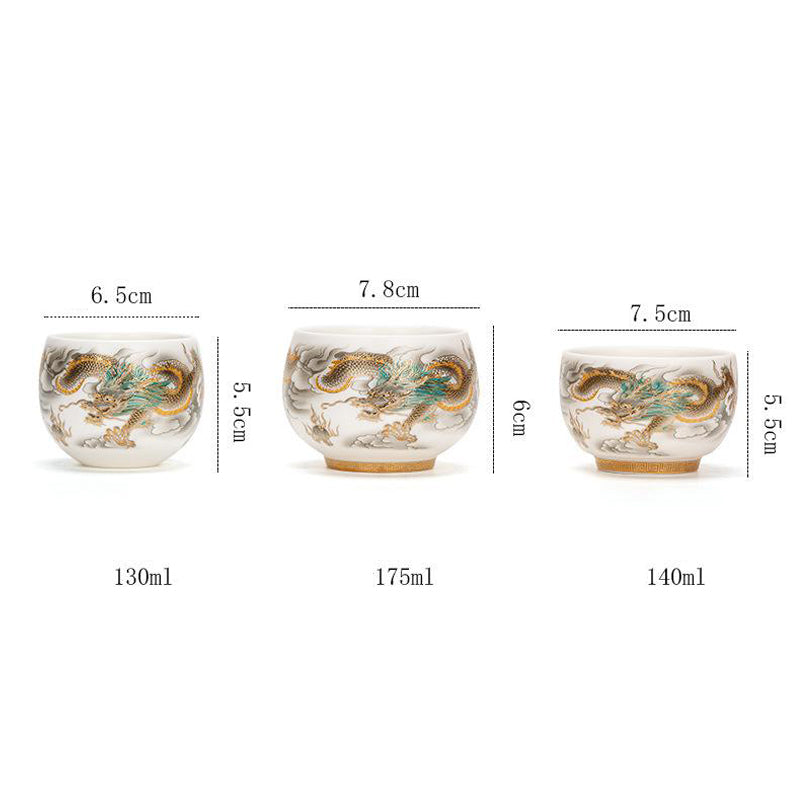 Dragon Phoenix Clouds Ceramic Teacup Gift Set – Three cups in grey velvet boxes, dragon-phoenix in enamel on wood
