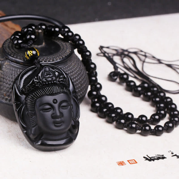 Black Obsidian Avalokitesvara Pendant - carved Guanyin bodhisattva with gold mantra bead on beaded chain, styled on teapot, Protective