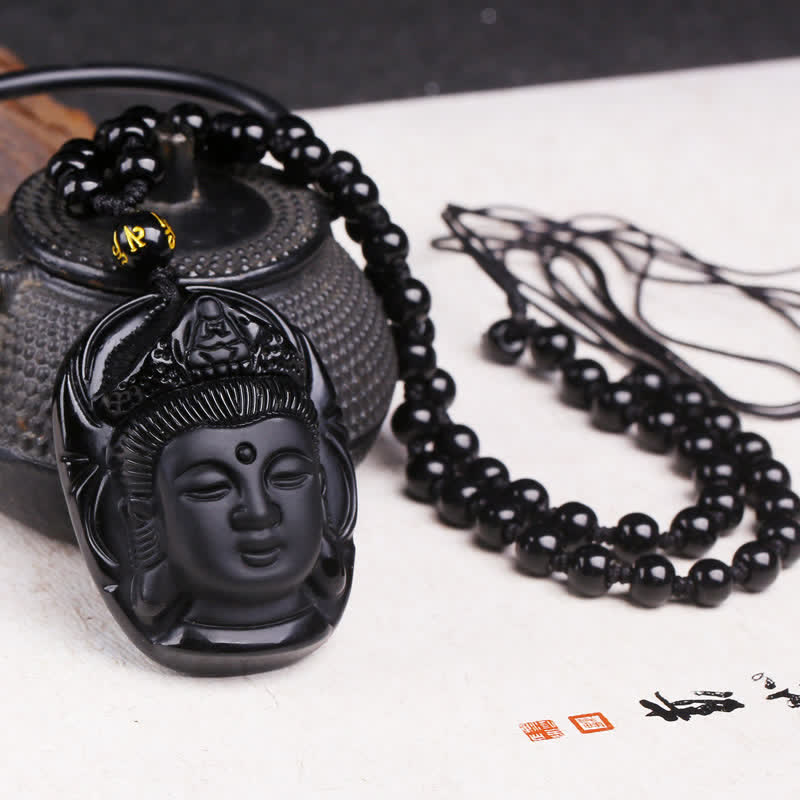 Black Obsidian Avalokitesvara Pendant - carved Guanyin bodhisattva with gold mantra bead on beaded chain, styled on teapot, Protective