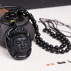 Black Obsidian Avalokitesvara Pendant - carved Guanyin bodhisattva with gold mantra bead on beaded chain, styled on teapot, Protective