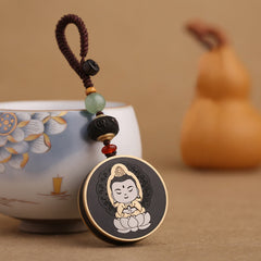 Ebony Avalokitesvara Keychain – Om Mani Padme Hum mantra engraved on back panel, sacred text key fob