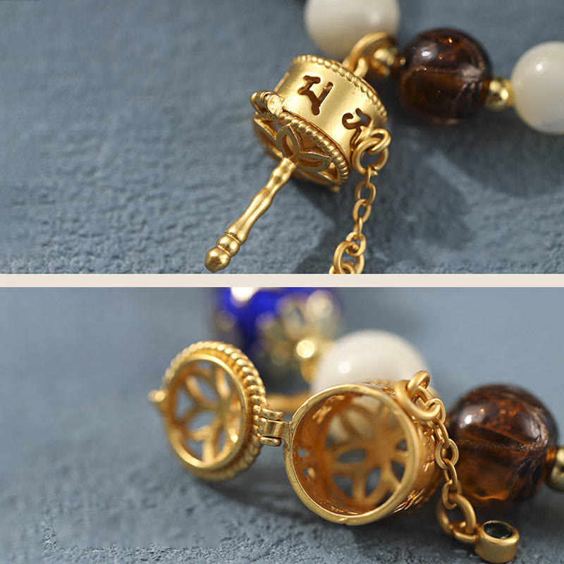 Liuli Glass Prayer Wheel Bracelet – Dual-panel macro showing prayer wheel exterior and interior