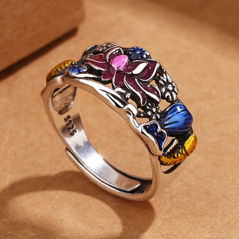 Koi Fish Lotus Ring – side profile, koi fish and leaf motif, adjustable open band