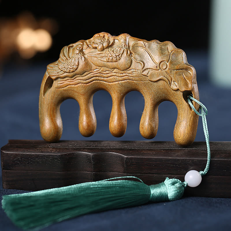 Green Sandalwood Koi & Lotus Tassel Comb, image 20